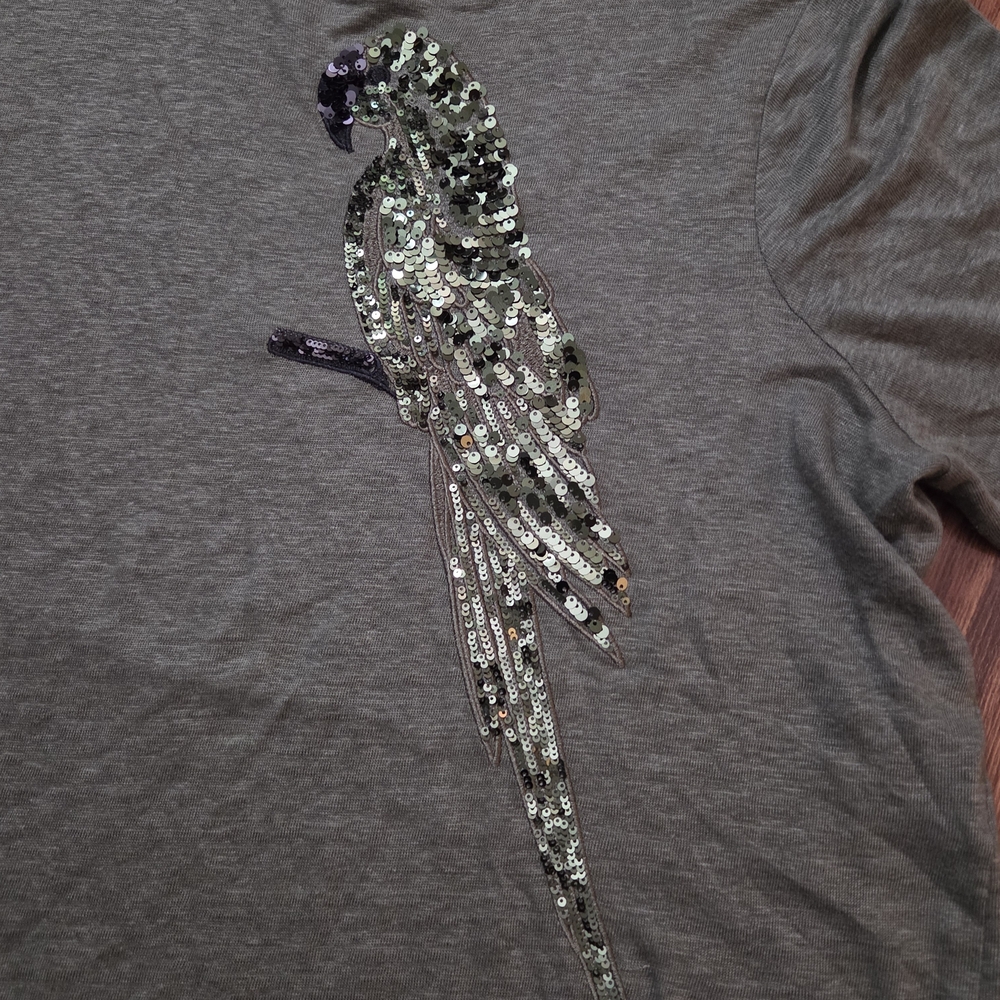 Chico's Olive Green Short-Sleeve Tee with Sequin Parrot - Picture 2 of 4
